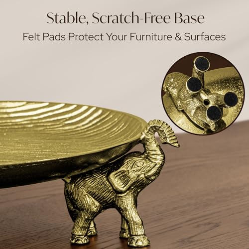 Antique Gold Tray with Elephant Stand - Round Coffee Table Centerpiece - color: Antique Gold