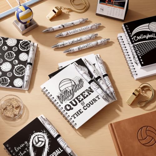 Resurhang 12 Sets Volleyball Notebook Gifts 5.5 x 4.3'' Black and White Volleyball Spiral Notebook Ballpoint Pens for Coaching Supplies Coach Gifts Team Party Players Sports Lover - style: Black White Volleyballs