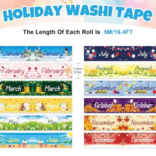 Whaline 12 Rolls Holiday Monthly Washi Tape Seasonal Masking Tape Set 12 Months of The Year Decorative Wrapping Paper Tapes Boxed for Scrapbook Journal DIY Crafts - style: Holiday