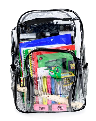 School Supply Boxes | 17" (Black or Clear) Backpack Bundle for (Elementary, Intermediate, or High School) - color: Clear, style: High School Case (6 Pack)