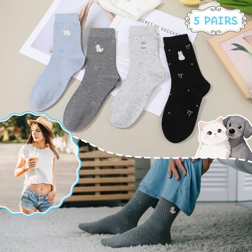 5 Pairs Women Embroidered Cotton Dachshund Socks Bow Cat
