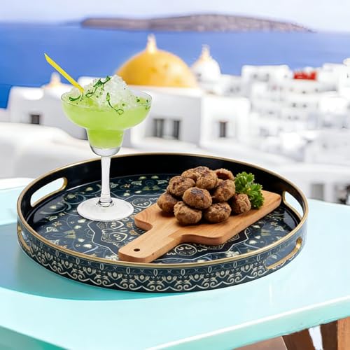 Round Serving Tray with Handles,Plastic Coffee Table Tray Ottoman Tray - color: Round Tray-dark Blue