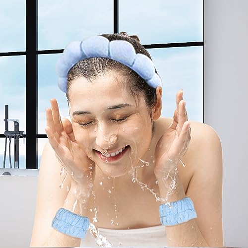 Beleki Spa Headband for Washing Face, Sponge Makeup Skincare Headband & Wristband Set Non Slip Headbands Soft Puffy Headwear Hair Accessories for Women Girls, Blue - color: Blue