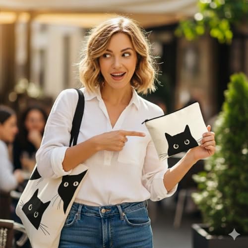 Aesthetic Canvas Tote Bag for Women – Minimalist Open-Top Design, Perfect for Books, Daily Errands and Gifting. - color: Peeking Cats