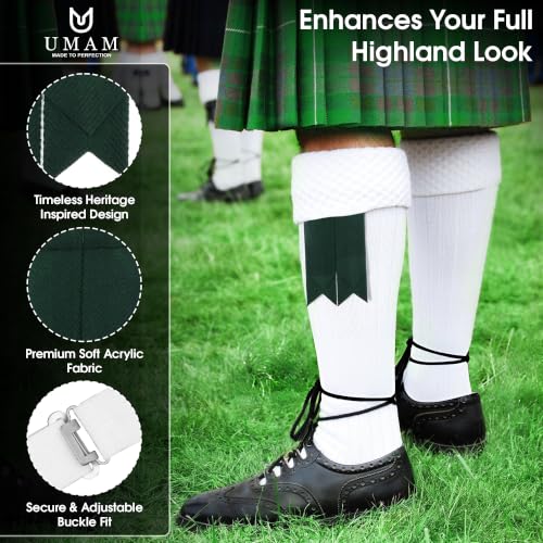 Kilt Flashes for Men with Heavy Buckle Adjusters, Plain & Tartan Kilt Sock Flashes. - color: Green Plain 030flbu