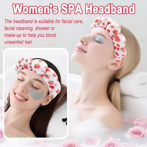 Zkptops Spa Headband for Washing Face Wristband Set Sponge Makeup Skincare Velvet Fabric Bubble Soft Get Ready Hairbands for Women Puffy Pink Headwear Non Slip Thick Thin Hair Accessory (Strawberries) - color: ZYC Strawberries