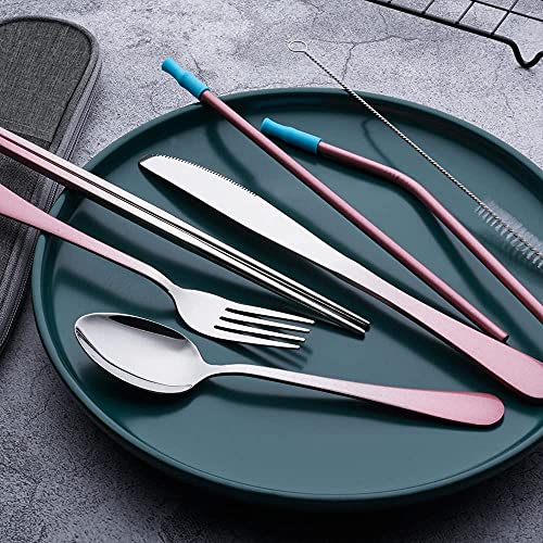 Travel Utensils Set with Case Reusable Portable Cutlery Set Stainless Steel 8pcs Including Dinner Knife Fork Spoon Chopsticks straws(Gradient Pink) - color: Gradient Pink