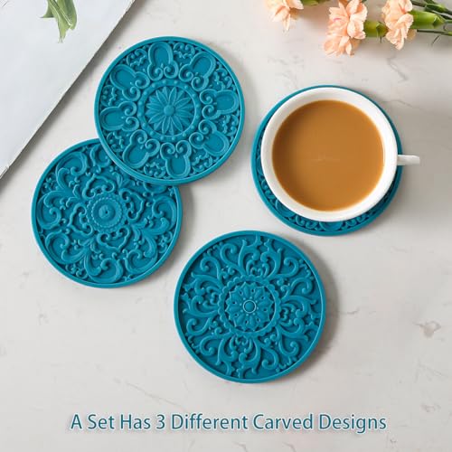 Colinda Silicone Coasters - Set of 6 with Holder, Non-Slip Cup Mats for Hot and Cold Drinks, Decorative Designs, Gift Ready Packaging,Teal - color: Teal