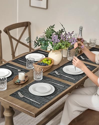 Leetaltree Black and Grey Woven Placemats Set of 6 - Heat Resistant Non-Slip Place mats for Dining Table, Washable Durable PVC Vinyl Woven Table Mats(Black & Grey, 6) - color: C0- Black and Grey, size: Set of 6