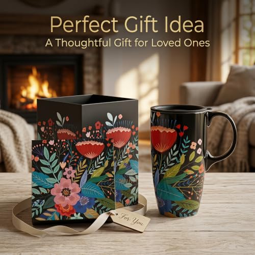 Topadorn 17oz Ceramic Travel Mug with Lid, Botanical Floral Coffee Mug - color: Flower