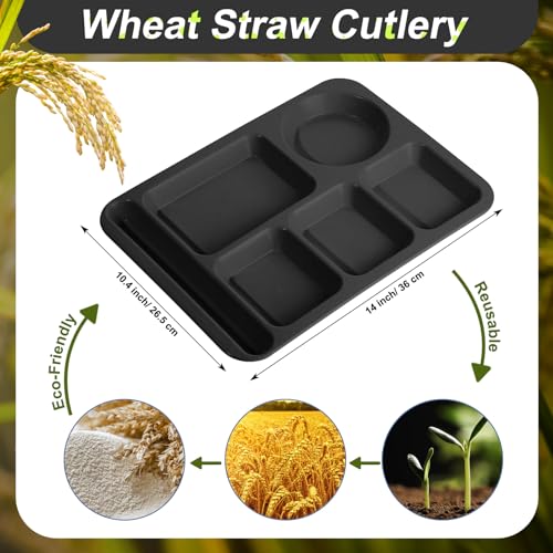 Pinkunn 12 Pcs 14'' Large Divided Plates Unbreakable Wheat Straw Lunch Trays 6 Compartments Cafeteria Trays Microwave Dishwasher Safe Food Separator Plates (Black) - color: Black