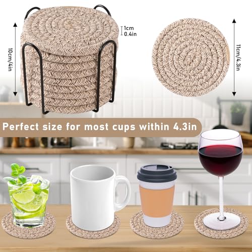 OIAHOMY 10 Pcs Drink Coasters with Holder, Boho Cotton Woven Coaster Set, Absorbent Coaster Protection for Various Cups, Ideal for Coffee Tables Home Decor and Gift, 4.3 Inches, Brown - color: Brown, size: 10Pcs