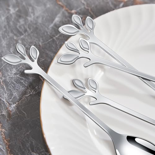 AnSaw Elegant Silver Leaf Coffee Spoons - 10-Piece, 4.7" Mini Spoon - color: Silver