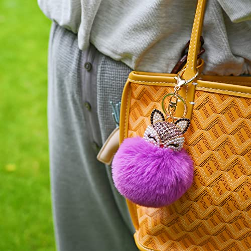 Faux Rabbit Fur Pom Pom Keychain with Fox Head - color: Purple