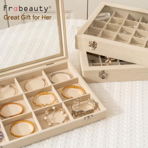 Frebeauty 12 Grid Bracelet Holder Box,Velvet Jewelry Tray with Clear Lid - color: Beige, size: 12 Grid