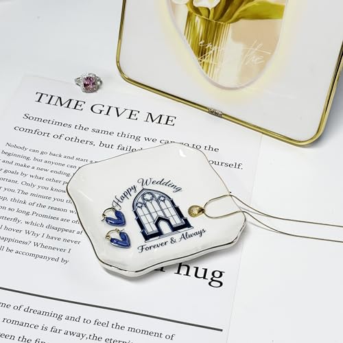 Happy Wedding Jewelry Dish, Forever & Always Ceramic Ring Holder Tray, Wedding Bridal Shower Gift for Bride Couple, Trinket Tray for Rings Earrings Necklaces - style: Happy Wedding