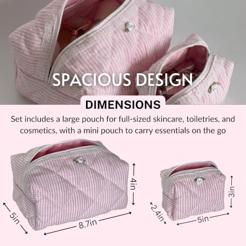 Pink Striped Quilted Makeup Bag Set of 2 with Lace & Rosette + Silk Scrunchie, Cute Soft Cotton Pouch Set, Coquette Pink Makeup Pouch for Purse, Travel Toiletry Bag, Aesthetic Gift Set Women Teen Girl