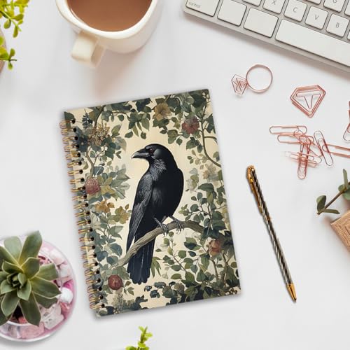 nvucamd Gothic Dark Raven Spiral Notebook, Witchy Black Crow Botanical Journal Notebook, Dark Raven Cottagecore Journaling Notebooks for Women, Gothic Raven Office School Supplies Gifts, 5.5x8.3 In - color: crow plant