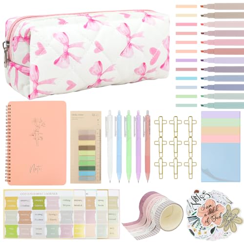 Bible Study Supplies Journaling Kit with Pen Cas, Tabs, Notebook and No Bleed Highlighter, Aesthetic Book Annotation Kit, Christian Gifts for Women Grils Friends (Pink Pow) - color: Pink Bow