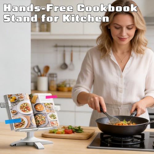 Adjustable Book Stand for Reading with Page Clips,Hands Free Portable Book Holder,with 5 Transparent Sticky Notes and 1 Index Tab, Foldable,Suitable for Cookbooks,Textbooks,Magazines,Laptops,Tablets