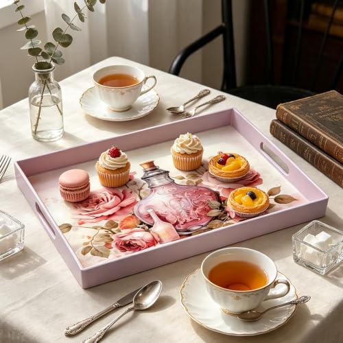 Serving Tray with Handles, 15.7 * 11.8 inches, Plastic Ottoman Tray with Exquisite Paintings, Trays for Coffee Table - color: Pink Vase