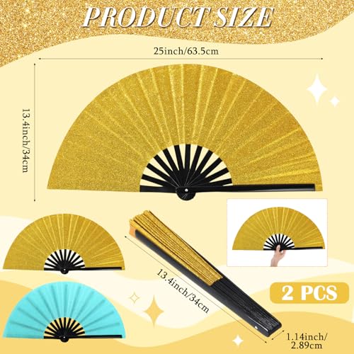 Maitys 2 Packs Large Folding Hand Fans, 13'', Glitter Green and Gold - color: Glitter Green and Gold