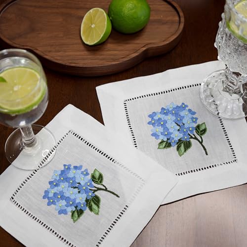 Linen Cocktail Napkins White Set of 6 Hand Embroidered Hydrangea 6"x6" Reusable Mini Cloth Hemstitched Coasters for Birthday Wedding Garden Party Present Blue