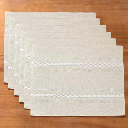 Wracra Cotton Linen Place Mats, Ivory Embroidered Placemats Set of 6 - color: Hemstitched Ivory, size: Placemats(Set of 6)