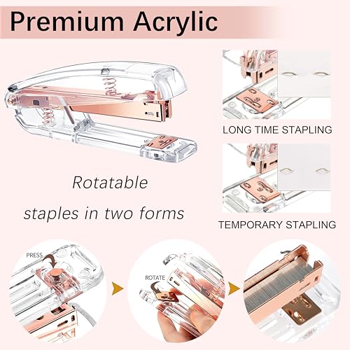 Rose Gold Desk Accessories, Office Supplies Desk Organizers 360°Pen Holder Acrylic Stapler Set, Phone Holder, Ballpoint Pen, Scissor, Binder Clips, Ruler, Transparent Glue, Sticky Note and Staples. - color: Rose Gold