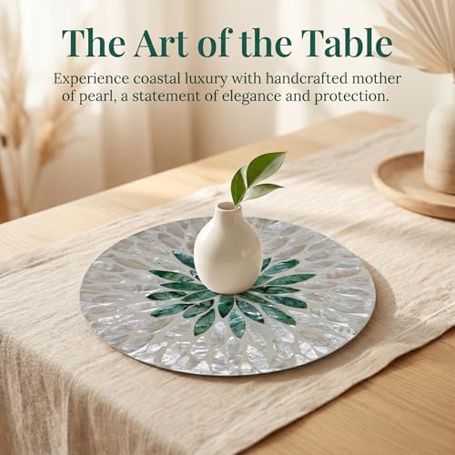 7.5" Mother of Pearl Shell Placemat, Round Decorative Charger Plate - color: Green leaf shell