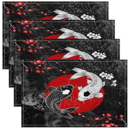 Feelyou Japanese Koi Fish Placemats Set Set of 4 18"x12" - color: Red White and Black