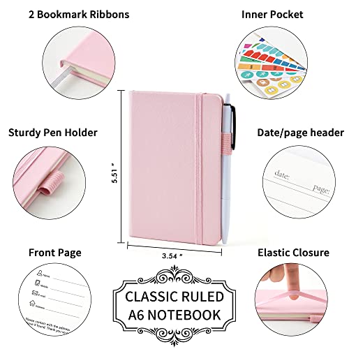 feela 3 Pack Pocket Small Notebook Journals, Mini Cute Memo Notepad Hardcover College Ruled Lined Journals with Pen Holder for Women Girls Office School, with 3 Black Pens, 3.5”x 5.5”, A6, Rose Pink - color: 3 Rose Pink