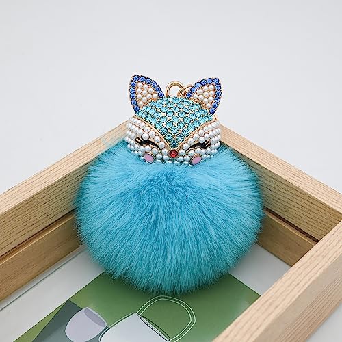 Faux Rabbit Fur Pom Pom Keychain with Fox Head - color: Bright Blue