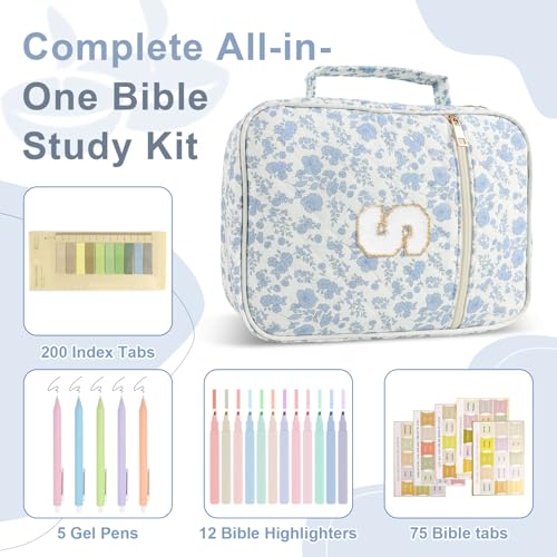 Personalized Initial Bible Cover Case for Women Girls Kid - Large Quilted Bible Case with Handle,Chenille Letter Bag Study Supplies,Christmas Gifts for Christians Birthday Graduation(Blue Flower-S) - color: Blue Flower, size: letter-S