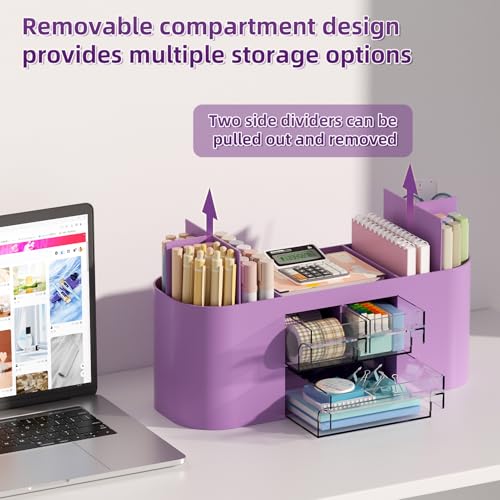 Marbrasse Pen Holder for Desk with 3 Drawers, Multi-Functional Pencil Holder, Desk Organizers and Accessories with 7 Compartments for Home, School, Classroom (Purple) - color: Purple