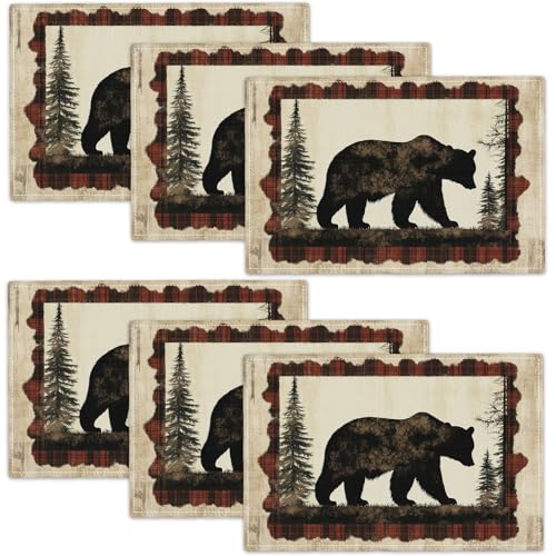 Bear Placemats Set of 6, Farmhouse Cabin Place Mats, Country Rustic Wild Animal Waterproof Washable Table Mats for Home Party Indoor Kitchen Dining Table Decoration 12x18 Inch - color: Bear, size: Set of 6