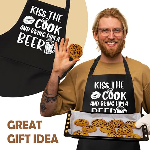 Kiss The Cook Funny Aprons for Men with 2 Pockets, Cooking Apron for Dad, Gag Gifts for Men, Adjustable BBQ Grilling Apron for Husband, Chef Kitchen Gifts for Birthday & Father’s Day - A08 - color: Kiss the Cook and Bring Him a Beer