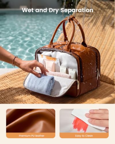 LOVEVOOK Large Makeup Bag for women, Leather Travel Toiletry Bag - color: Brown