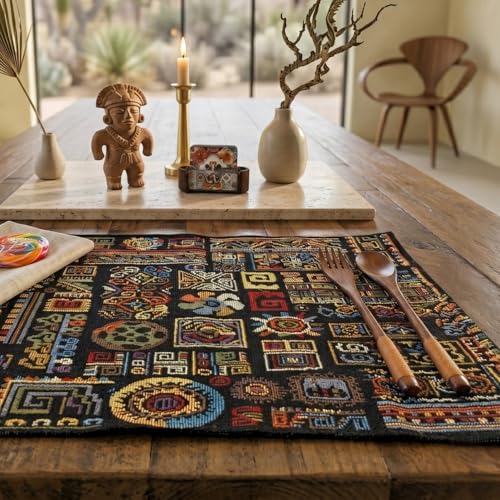 DaDa Bedding Bohemian Ethnic Ornaments Tapestry Placemats - Set of 4-Pieces Greek Ethnic Calligraphy Geometric Colorful Dark Black Design - Decorative Cotton Woven Kitchen Dining Mats - 13” x 19” - color: Ethnic Ornaments