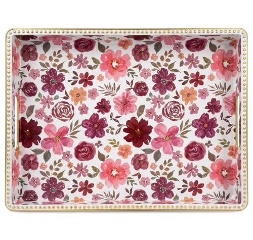 Rectangular Plastic Serving Tray with Handles, Burgundy Watercolor Floral Print with Gold Rim, Vintage Tray for Breakfast, Coffee, Tea, Home Decoration and Party, 15.7" x 11.8" x 1.57" - color: Red&white