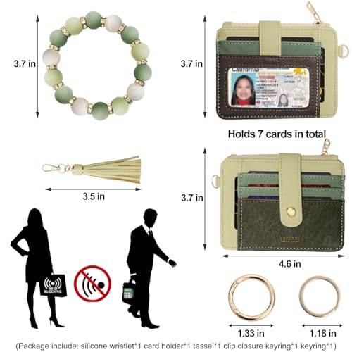COOLANS Silicone Bracelet Wristlet Wallet Credit Card Holder RFID ID Window Key Ring Tassel Slim Wallet Women Keychain Purse - color: Green Multicolored