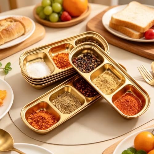 6Pcs 8 Inch Divided Dip Bowls (Gold, Triple Dipping Bowl) - color: Gold