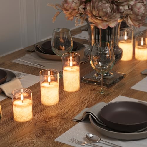 VIODAIM Ice Crystal Real Wax Glass Flameless Candles with Remote & Timer, Battery Operated Candles with Warm Flickering Flame, Realistic LED Candle for Wedding Home Decor [D3×H4/5"/6"] Clear, 3Pack - color: Clear