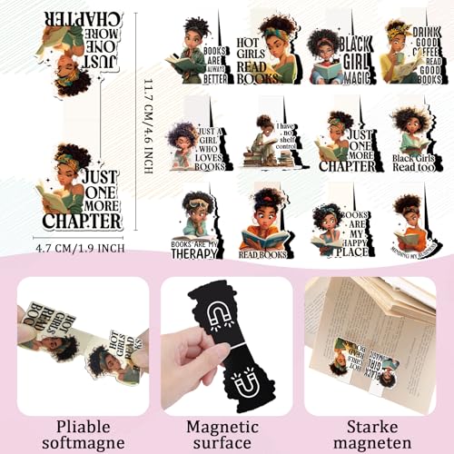 Black Girl Reading Bookmark - 12 PCs African American Women Magnetic Book Mark Inspirational Bulk Aesthetic Magnets Page Markers for Bookish Lovers Students Teachers School Birthday Gift - style: Black Girl Reading