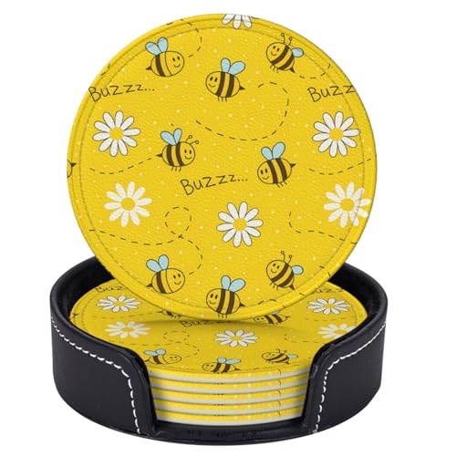 6 Pcs Leather Coasters for Drinks with Holder Cartoon Bee Cute Honeycomb Coaster Sets Drink Table Cup Coasters for Kitchen Coffee Decor - color: Bee Honeycomb