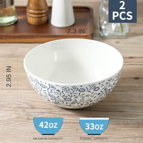 Cereal Bowls Large Soup Bowl Set of 2, Blue and White Ceramic Bowls 42oz, Floral Japanese bowl for Salad, Rice, Snack, Ramen, Pasta, Fruit, Microwave Dishwasher Safe, 7 inch - color: white 2