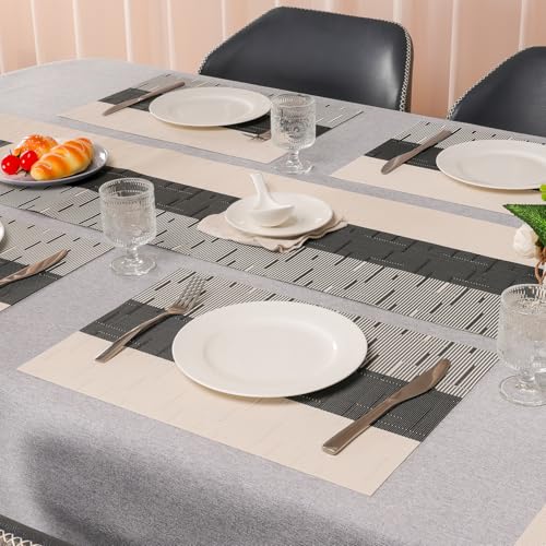 Placemats Set of 8, Vinyl Woven Heat-Resistant Place Mats - color: Beige Black, size: Set of 8