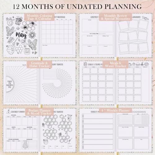 Everloria Premade Dotted Journal Notebook, 12 Months Pre-made Bullet Templates, 260 Hand-Drawn Coloring Pages, Undated Weekly & Monthly Planner, 7.8"x9.3" Leather Dot Grid Habit Mood Tracker - color: Floral A