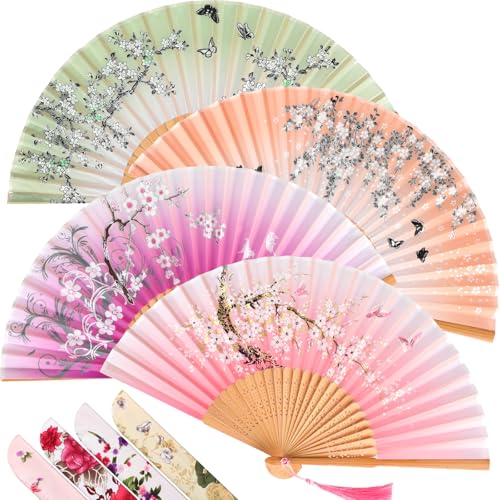 Zonon 4 Pack Hand Held Folding Fans for Women Silk,Forest Flowers - style: Forest Flowers