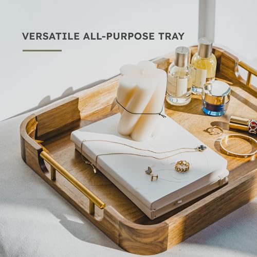 Acacia Wood Ottoman Tray with Handles, 17x13 Inch Rectangle Serving Tray for Coffee Table, Living Room & Breakfast, Decorative Wooden Ottoman Tray with Anti-Skid Pads (Gold Handle 01) - color: Golden Handle 1